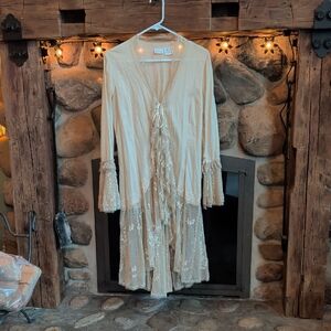 Newport News Sheer Lace-Trim Open Lace Duster Cardigan in Cream